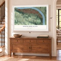 South Side Flats, Pennsylvania map, 24 x 36 inch print in a white frame above a dresser by a staircase