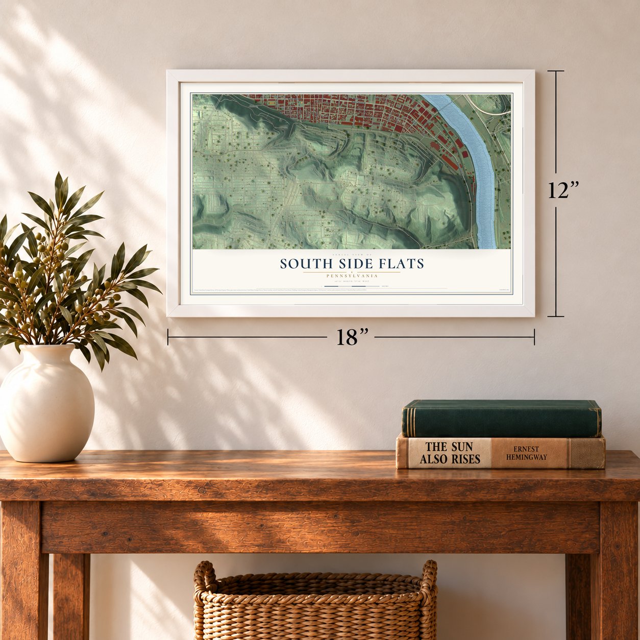 South Side Flats, Pennsylvania map, 12 x 18 inch print in a white frame in an entryway