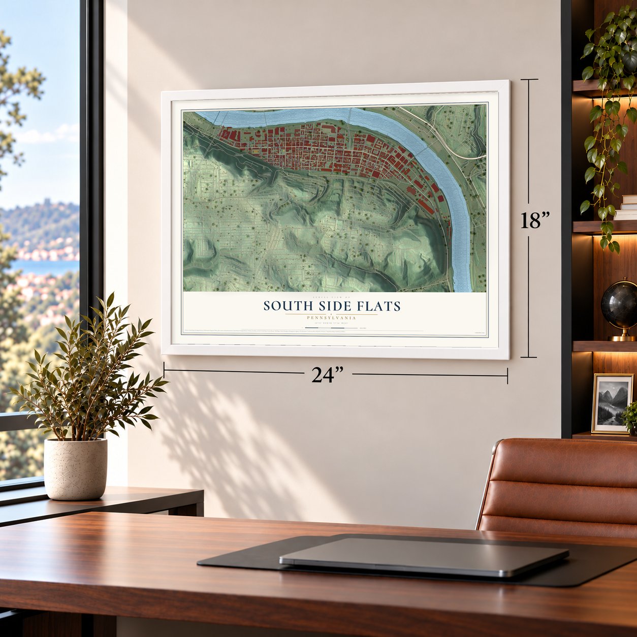 South Side Flats, Pennsylvania map, 18 x 24 inch print in a white frame in a home office