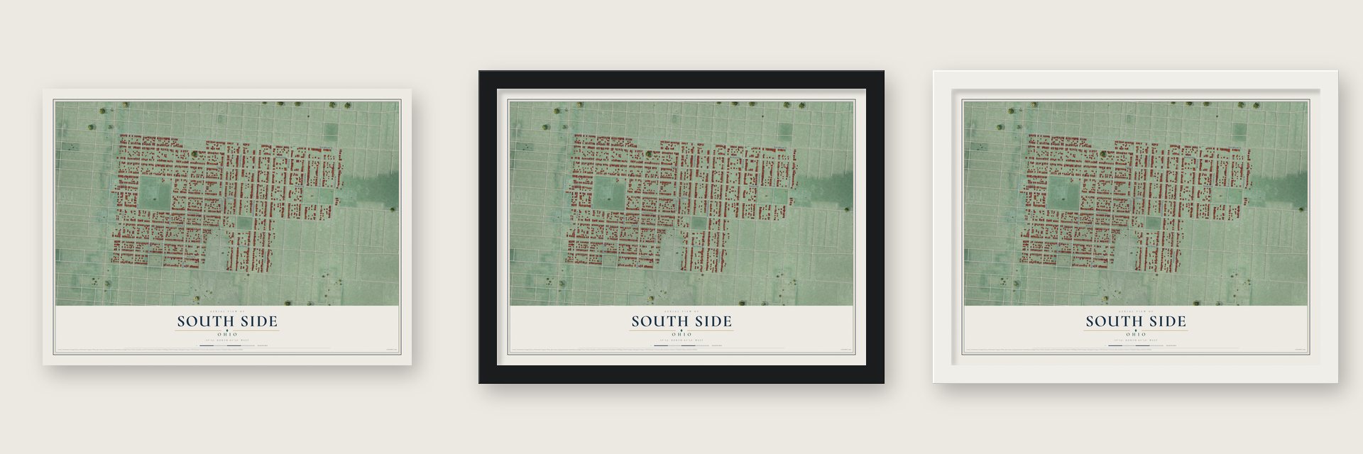 South Side, Ohio map unframed, in a black wood frame and in a white wood frame