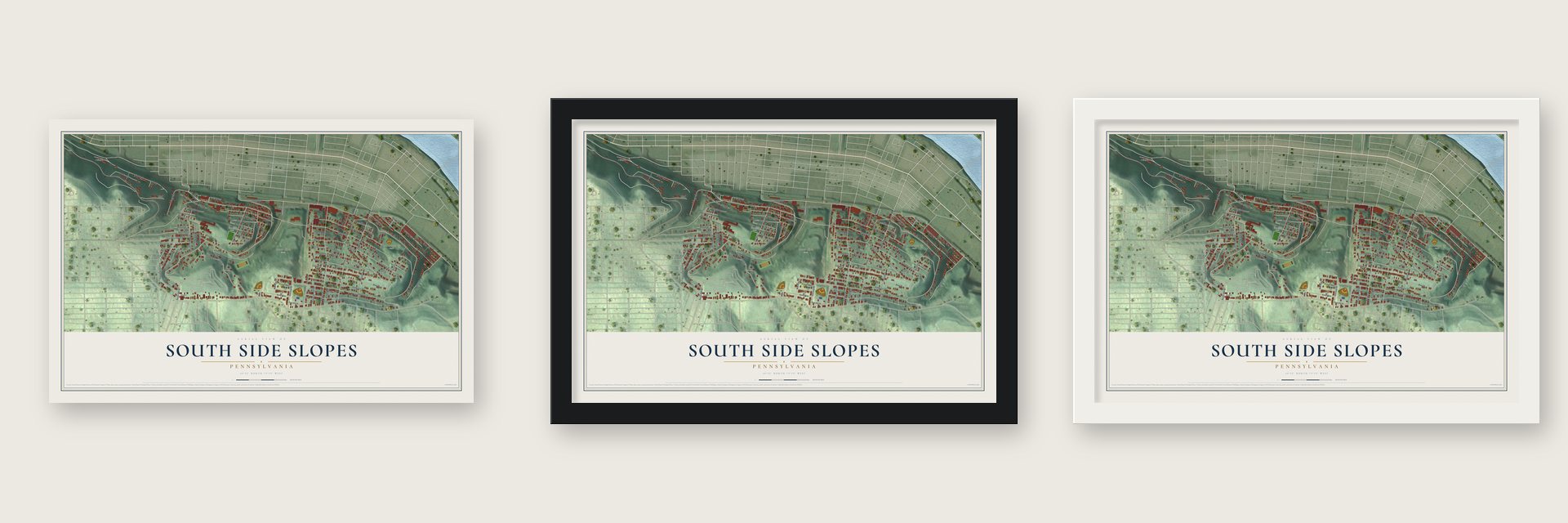 South Side Slopes, Pennsylvania map unframed, in a black wood frame and in a white wood frame