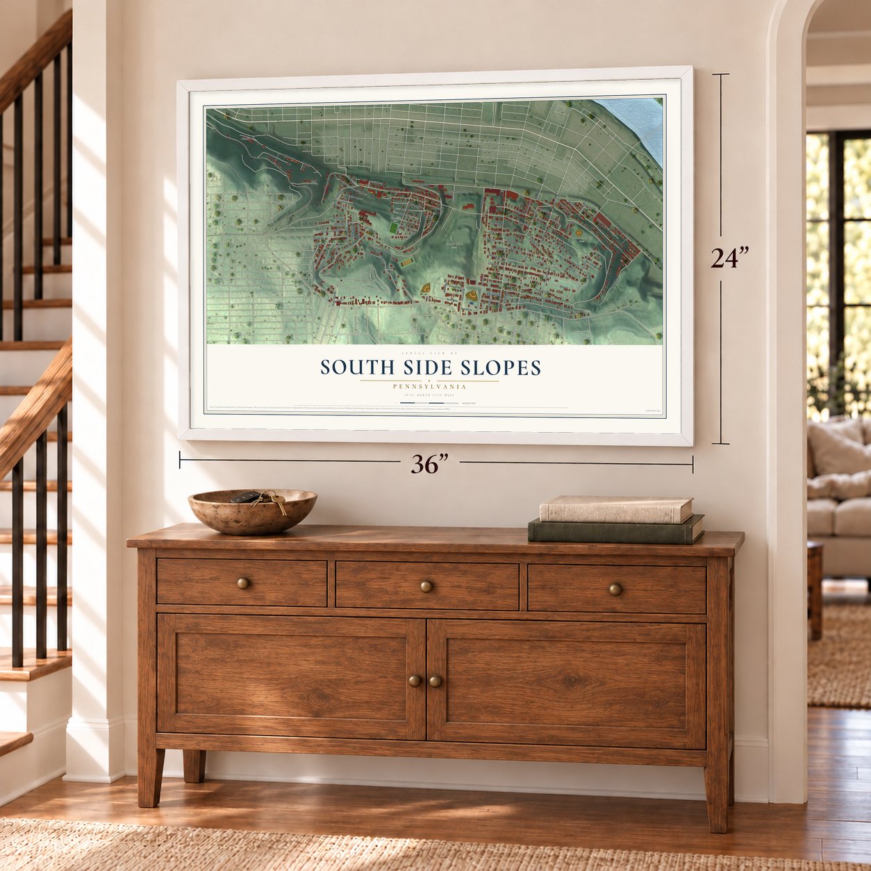 South Side Slopes, Pennsylvania map, 24 x 36 inch print in a white frame above a dresser by a staircase