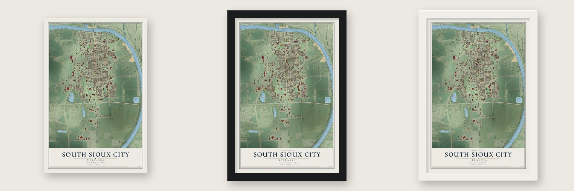 South Sioux City, Nebraska map unframed, in a black wood frame and in a white wood frame