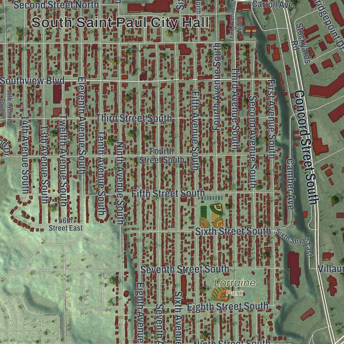 Second close-up of the map of South St. Paul, Minnesota print showing more streets and buildings