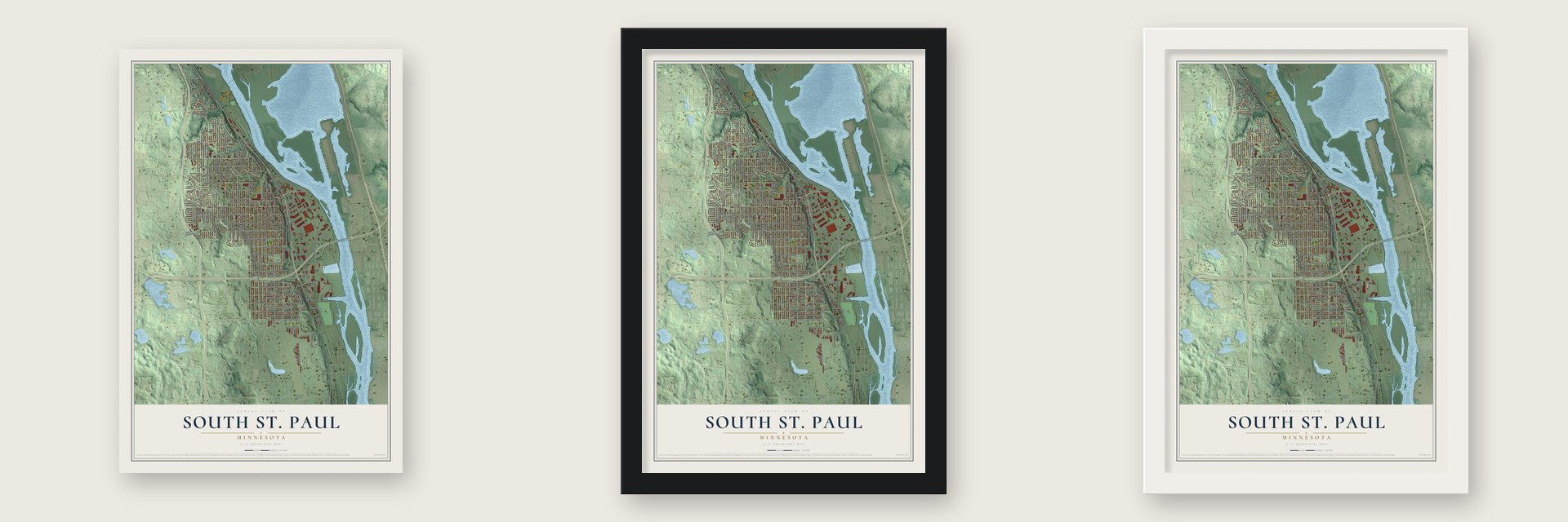 South St. Paul, Minnesota map unframed, in a black wood frame and in a white wood frame