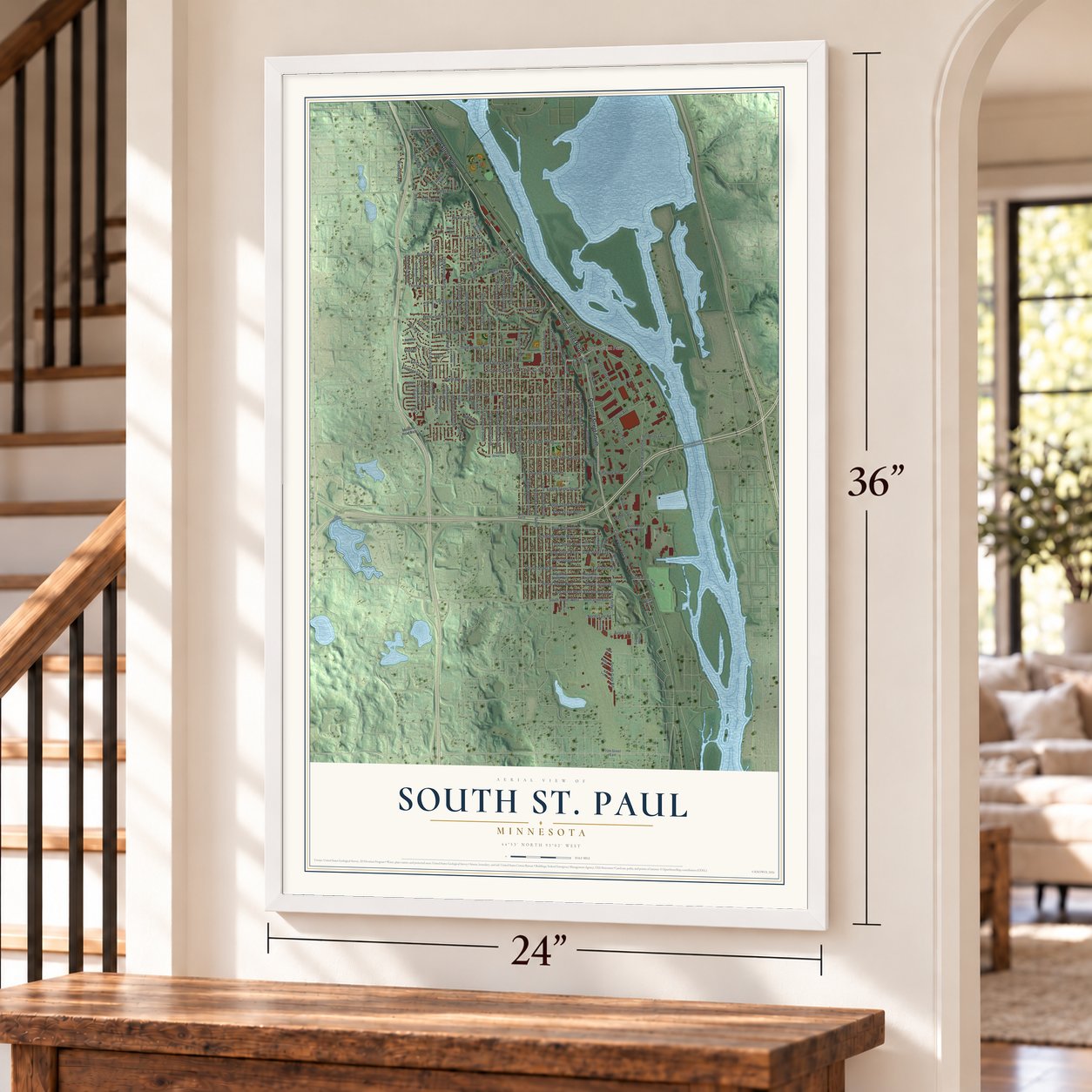 South St. Paul, Minnesota map, 24 x 36 inch print in a white frame by a staircase