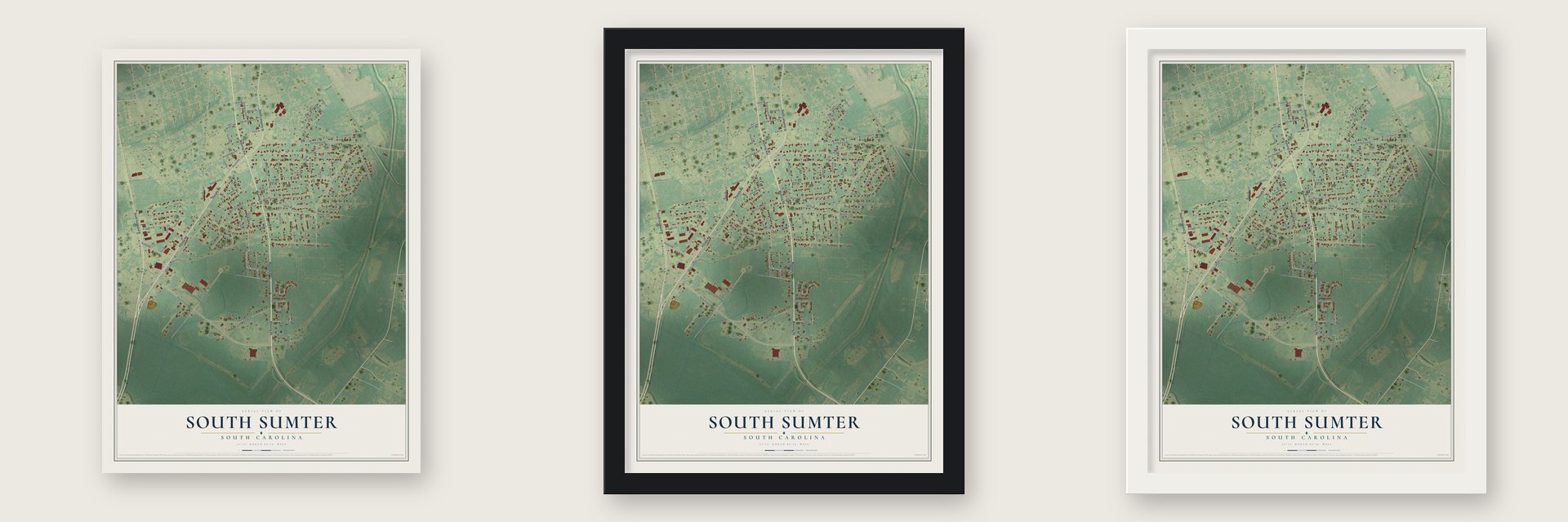 South Sumter, South Carolina map unframed, in a black wood frame and in a white wood frame