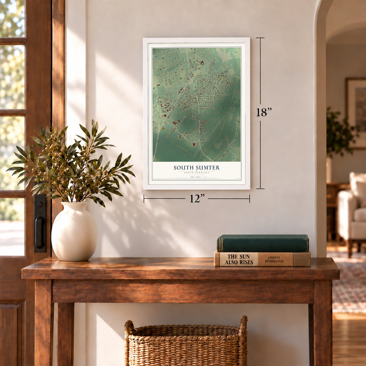South Sumter, South Carolina map, 12 x 18 inch print in a white frame in an entryway