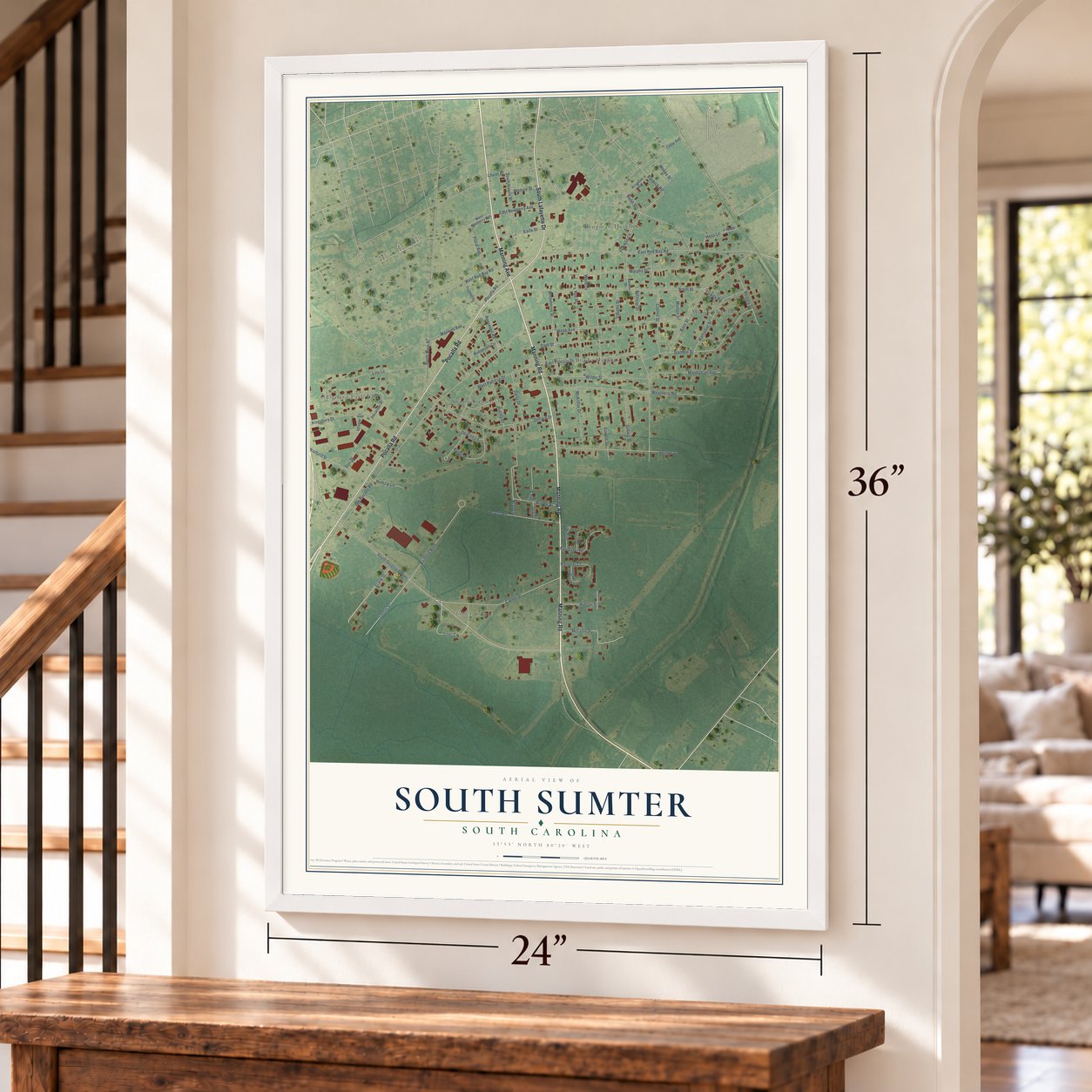 South Sumter, South Carolina map, 24 x 36 inch print in a white frame by a staircase