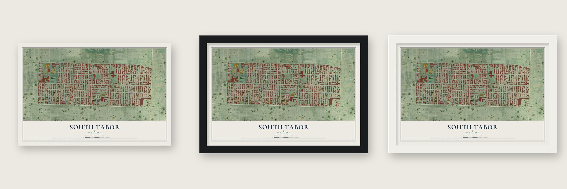 South Tabor, Oregon map unframed, in a black wood frame and in a white wood frame