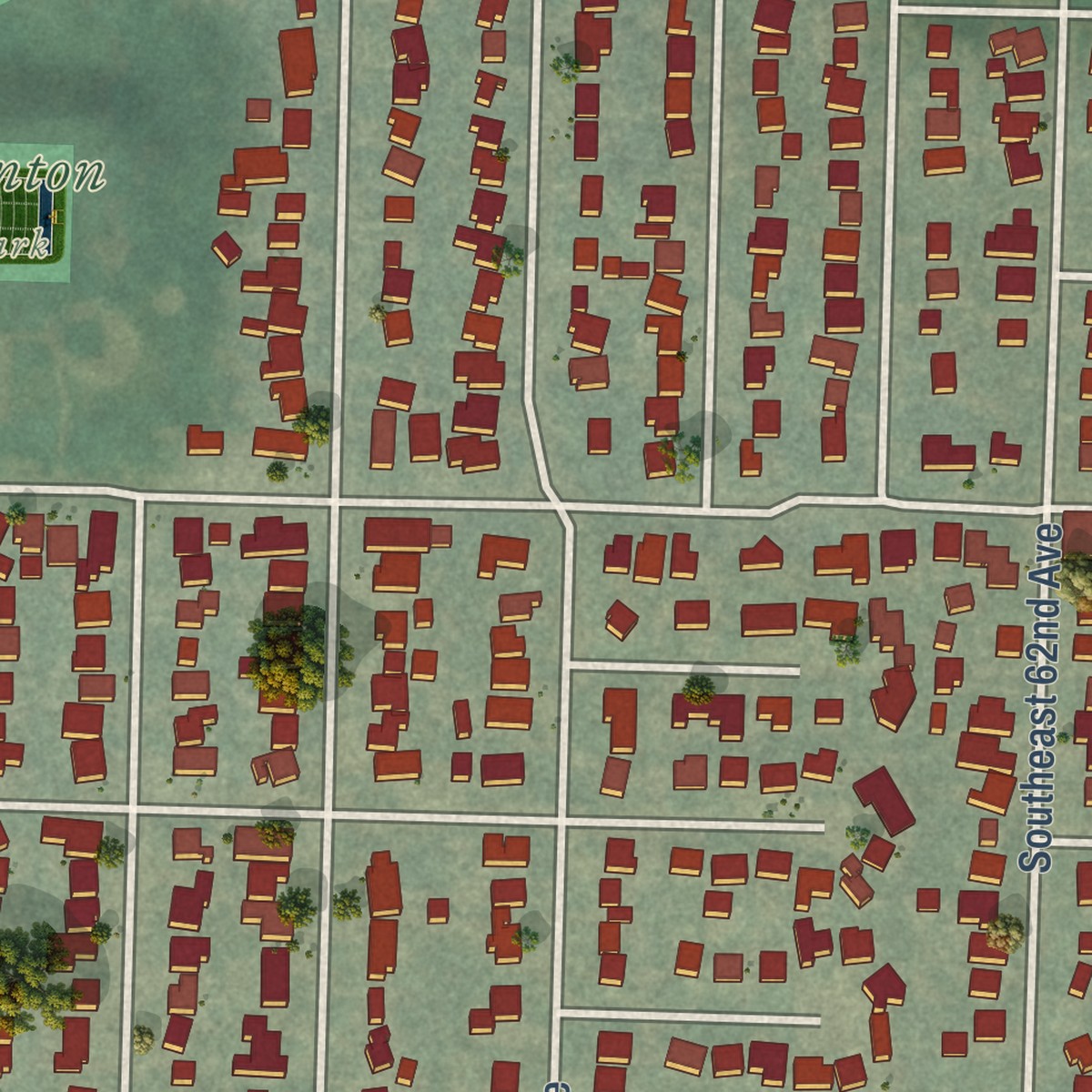 Second close-up of the map of South Tabor, Oregon print showing more streets and buildings