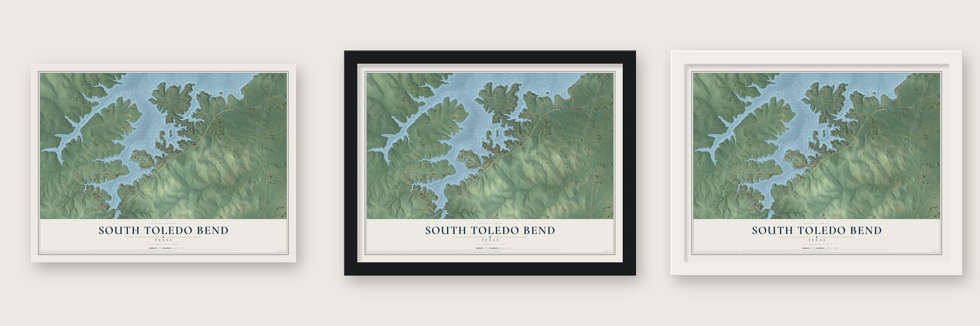 South Toledo Bend, Texas map unframed, in a black wood frame and in a white wood frame