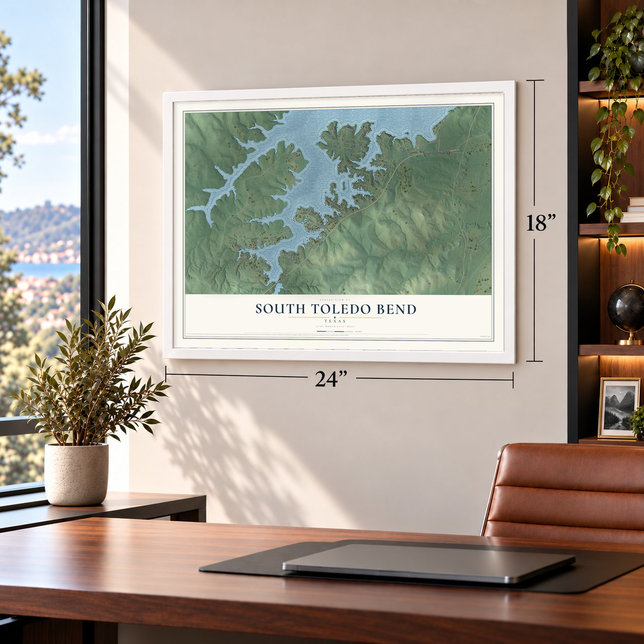 South Toledo Bend, Texas map, 18 x 24 inch print in a white frame in a home office