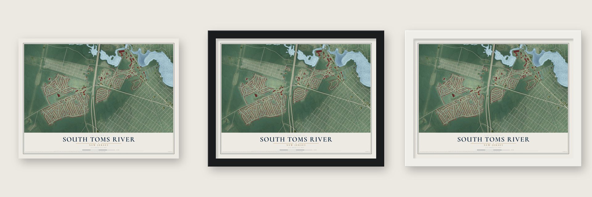 South Toms River, New Jersey map unframed, in a black wood frame and in a white wood frame