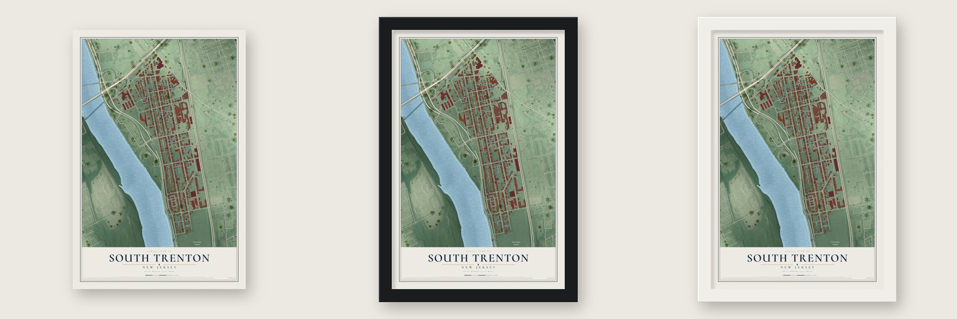 South Trenton, New Jersey map unframed, in a black wood frame and in a white wood frame
