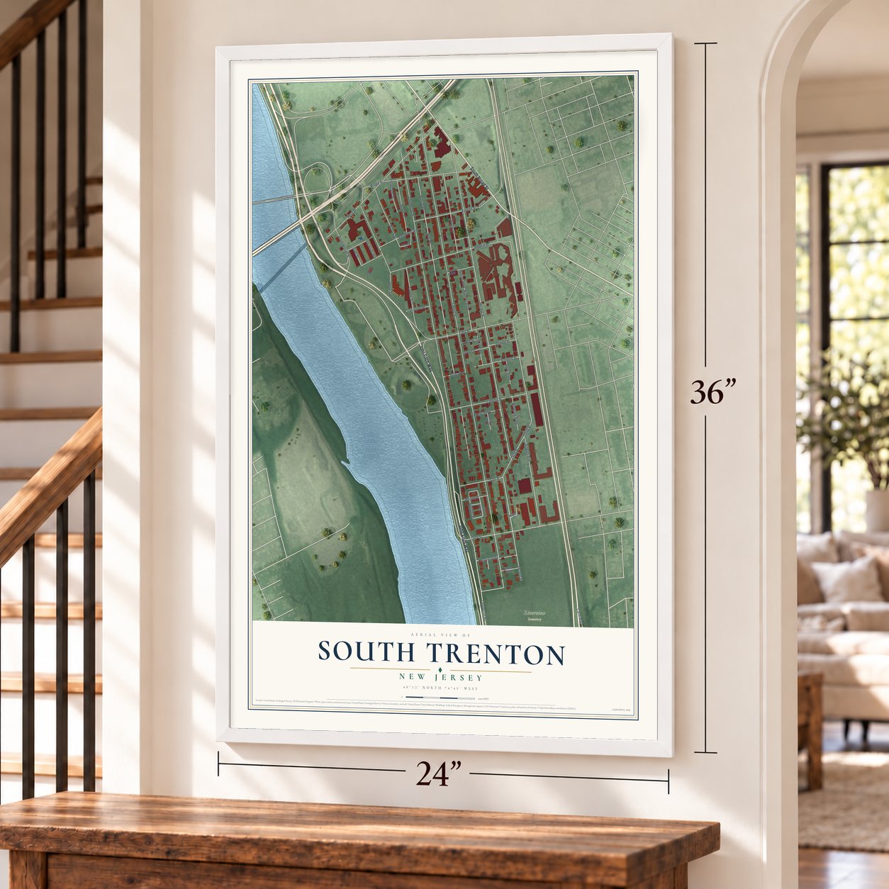 South Trenton, New Jersey map, 24 x 36 inch print in a white frame by a staircase