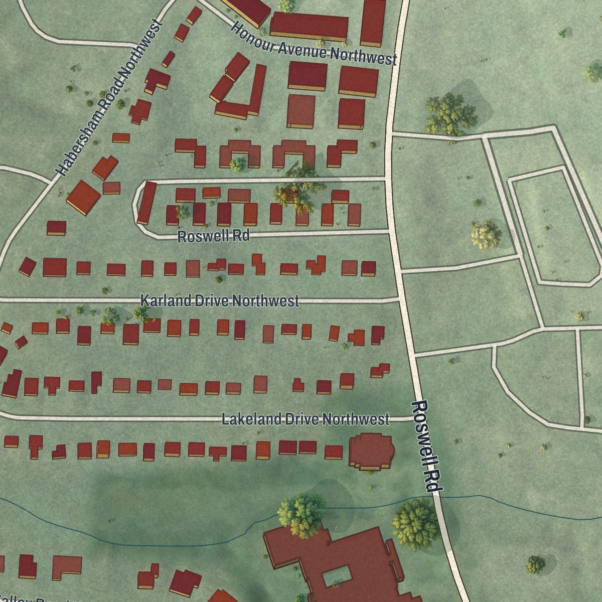 Second close-up of the map of South Tuxedo Park, Georgia print showing more streets and buildings