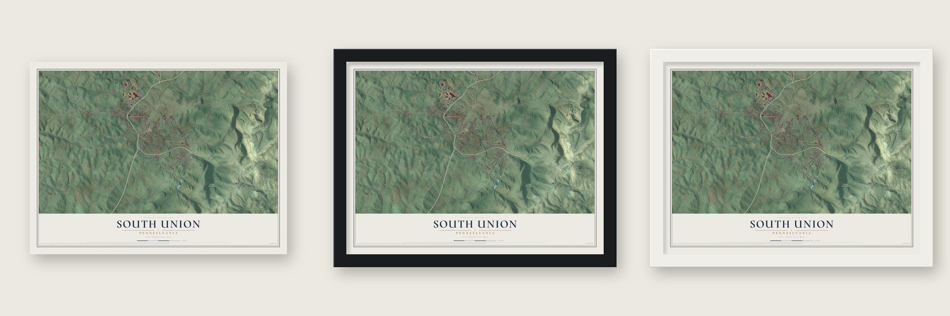 South Union, Pennsylvania map unframed, in a black wood frame and in a white wood frame
