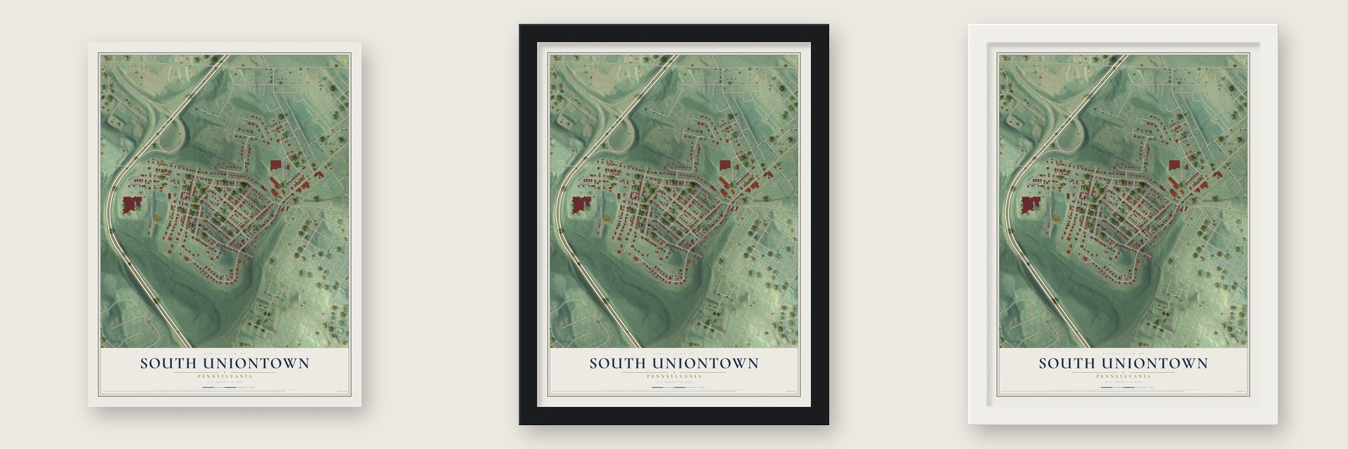South Uniontown, Pennsylvania map unframed, in a black wood frame and in a white wood frame