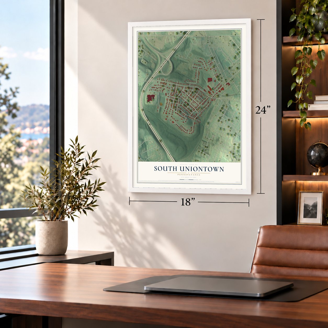 South Uniontown, Pennsylvania map, 18 x 24 inch print in a white frame in a home office