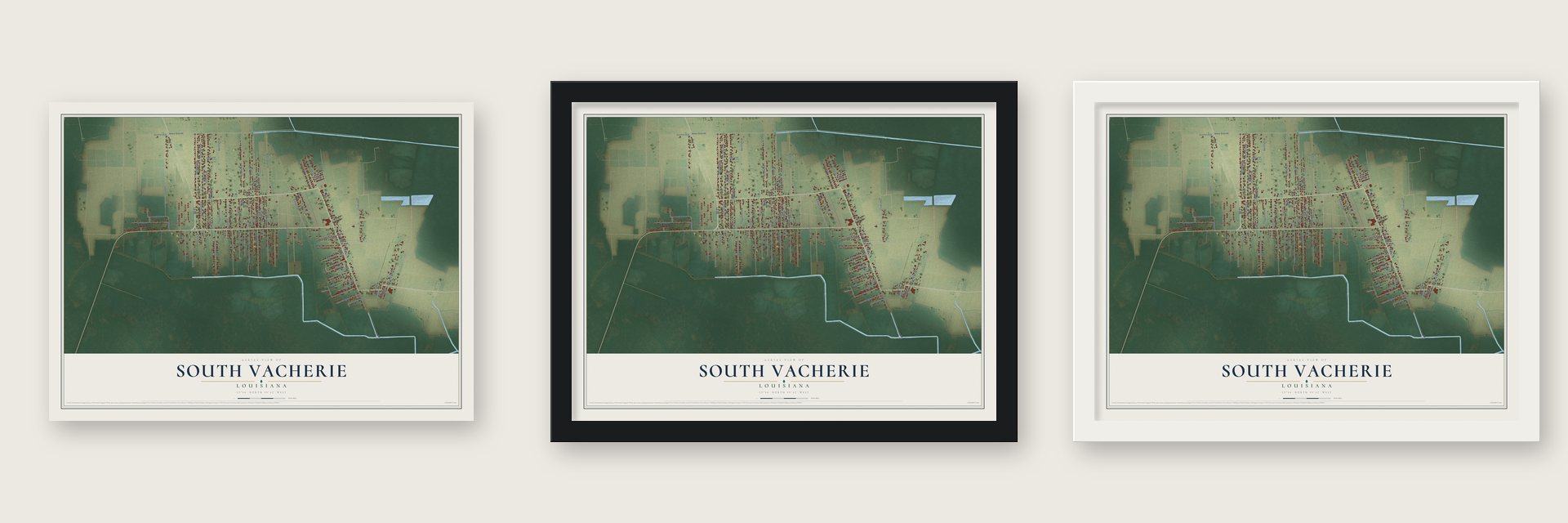 South Vacherie, Louisiana map unframed, in a black wood frame and in a white wood frame