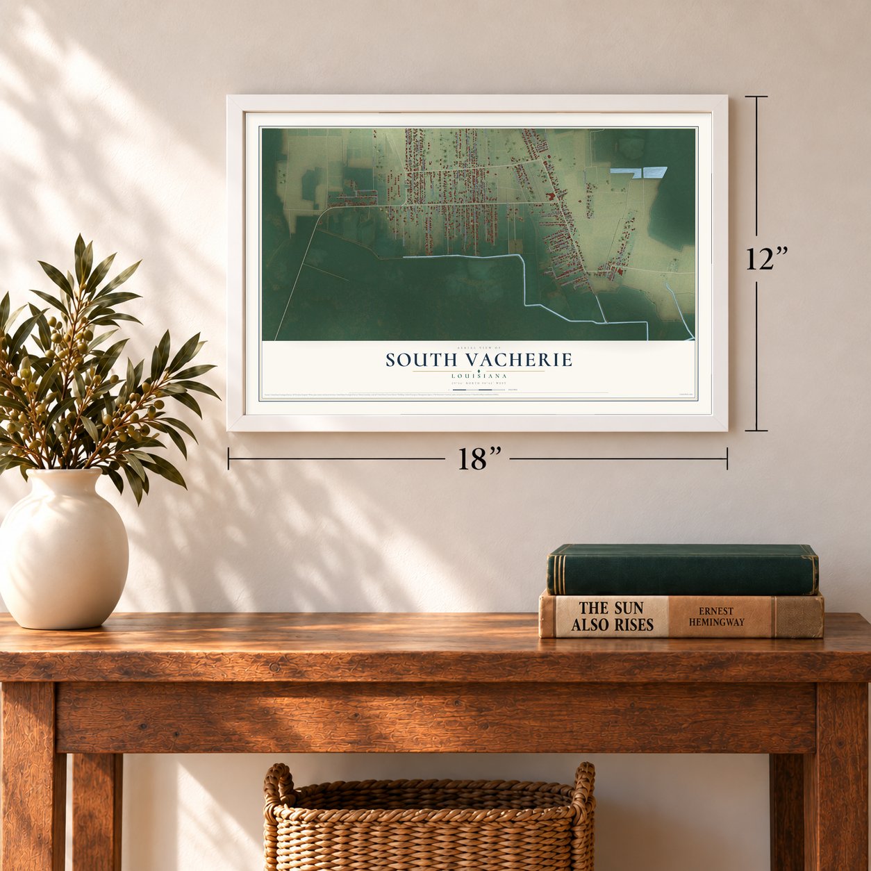 South Vacherie, Louisiana map, 12 x 18 inch print in a white frame in an entryway
