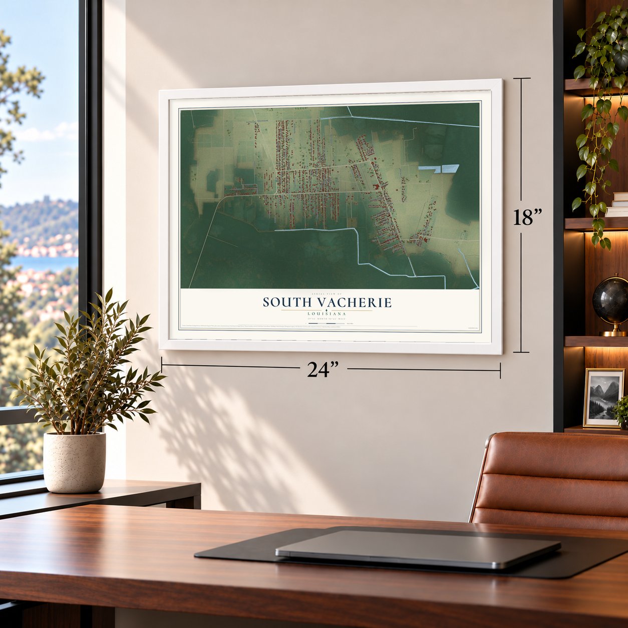 South Vacherie, Louisiana map, 18 x 24 inch print in a white frame in a home office