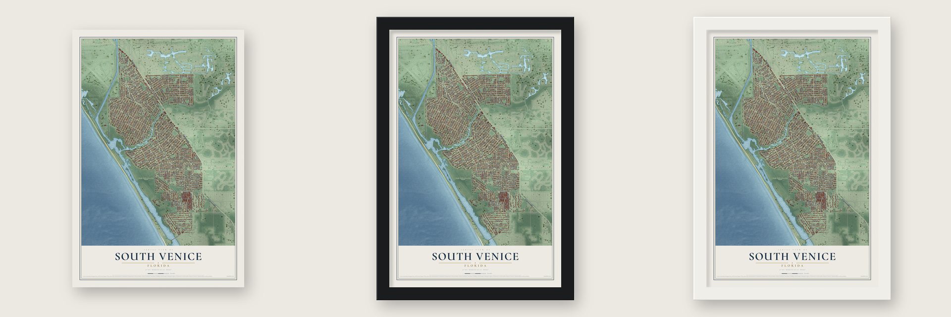 South Venice, Florida map unframed, in a black wood frame and in a white wood frame