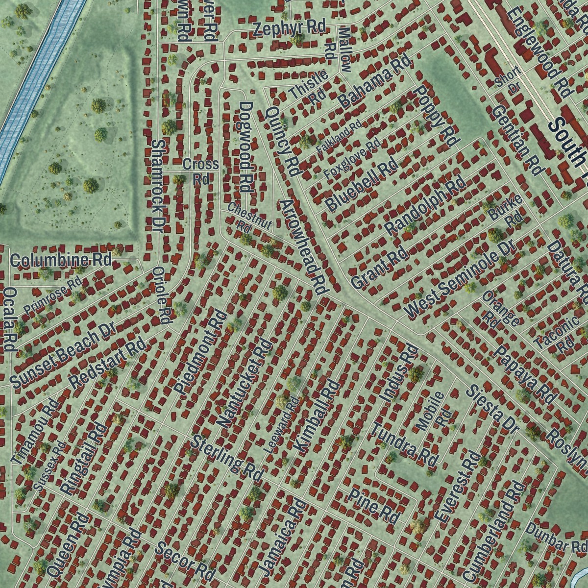 Second close-up of the map of South Venice, Florida print showing more streets and buildings