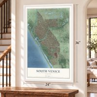 South Venice, Florida map, 24 x 36 inch print in a white frame by a staircase