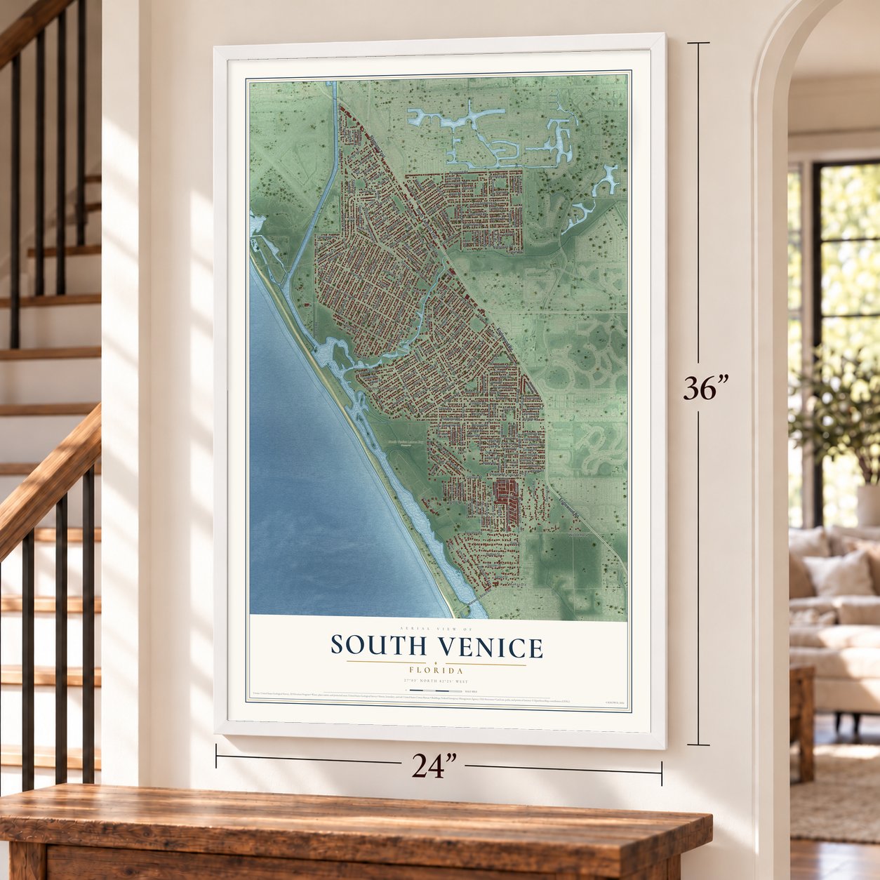 South Venice, Florida map, 24 x 36 inch print in a white frame by a staircase