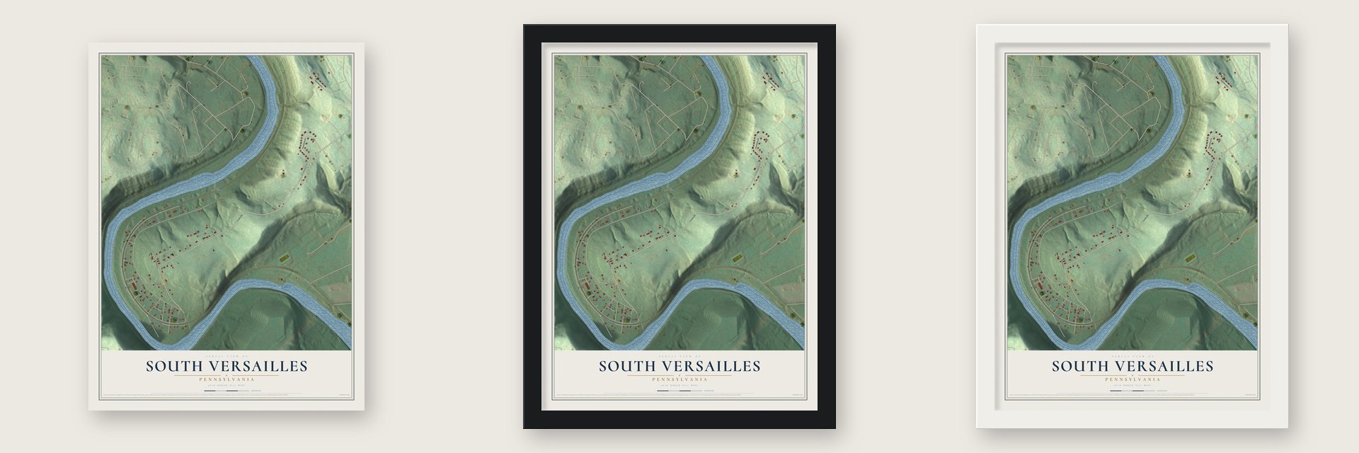 South Versailles, Pennsylvania map unframed, in a black wood frame and in a white wood frame