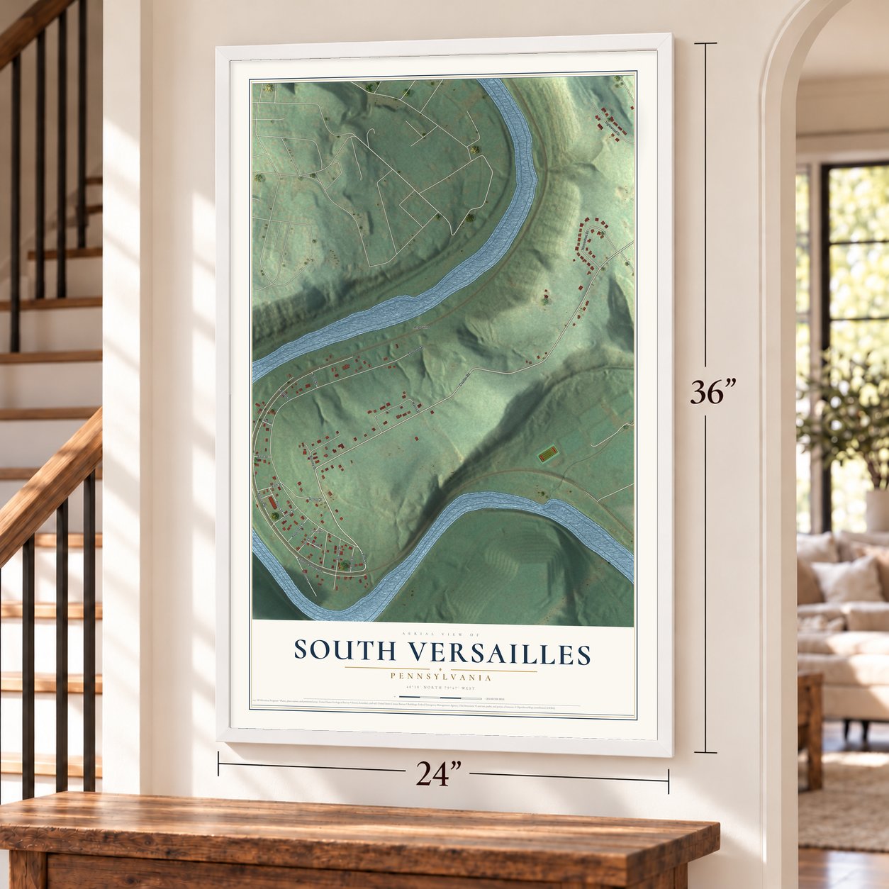 South Versailles, Pennsylvania map, 24 x 36 inch print in a white frame by a staircase