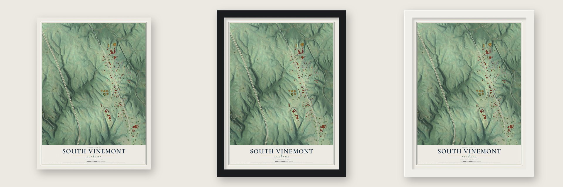 South Vinemont, Alabama map unframed, in a black wood frame and in a white wood frame