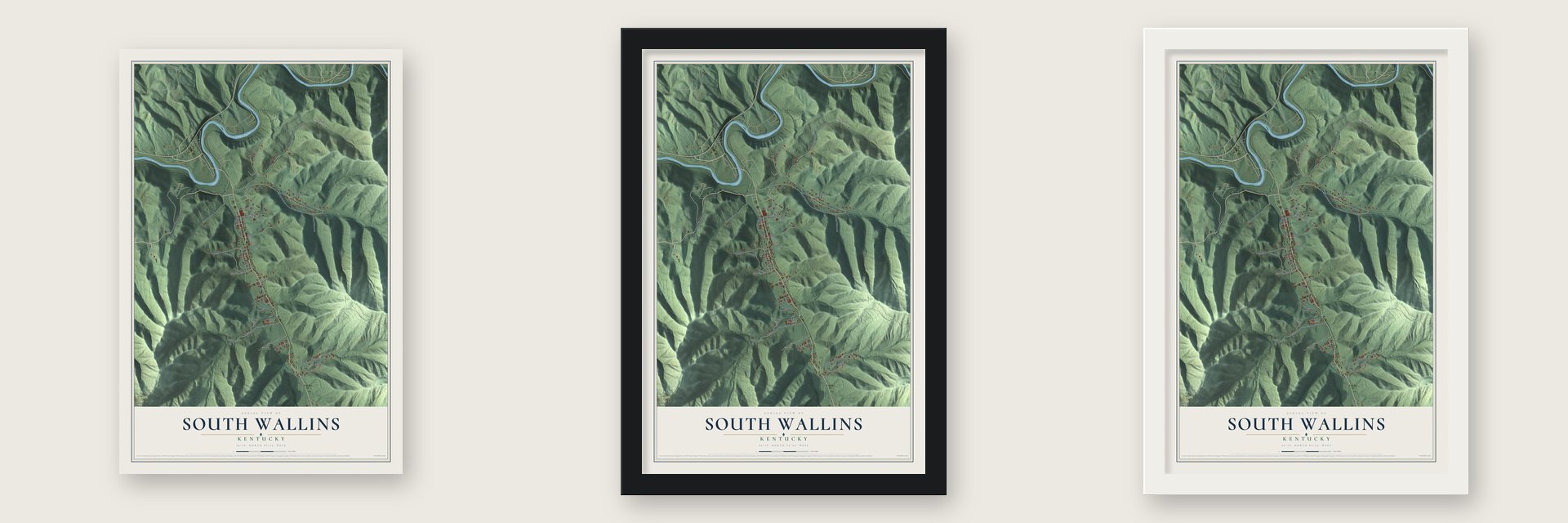 South Wallins, Kentucky map unframed, in a black wood frame and in a white wood frame
