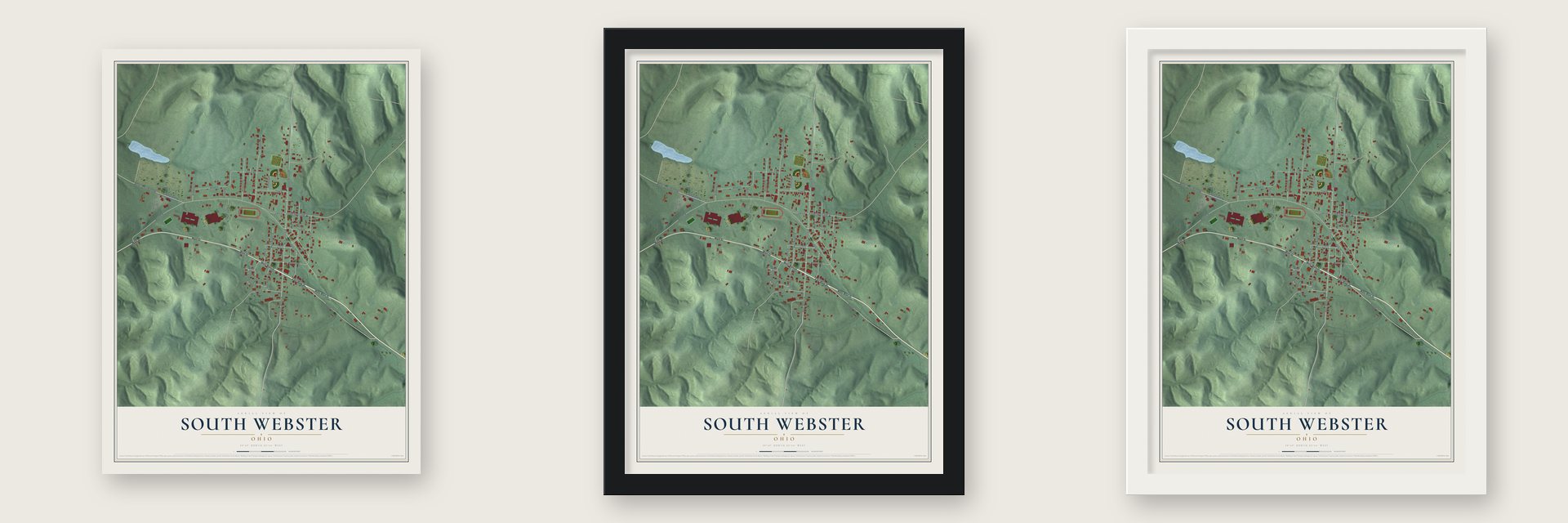 South Webster, Ohio map unframed, in a black wood frame and in a white wood frame