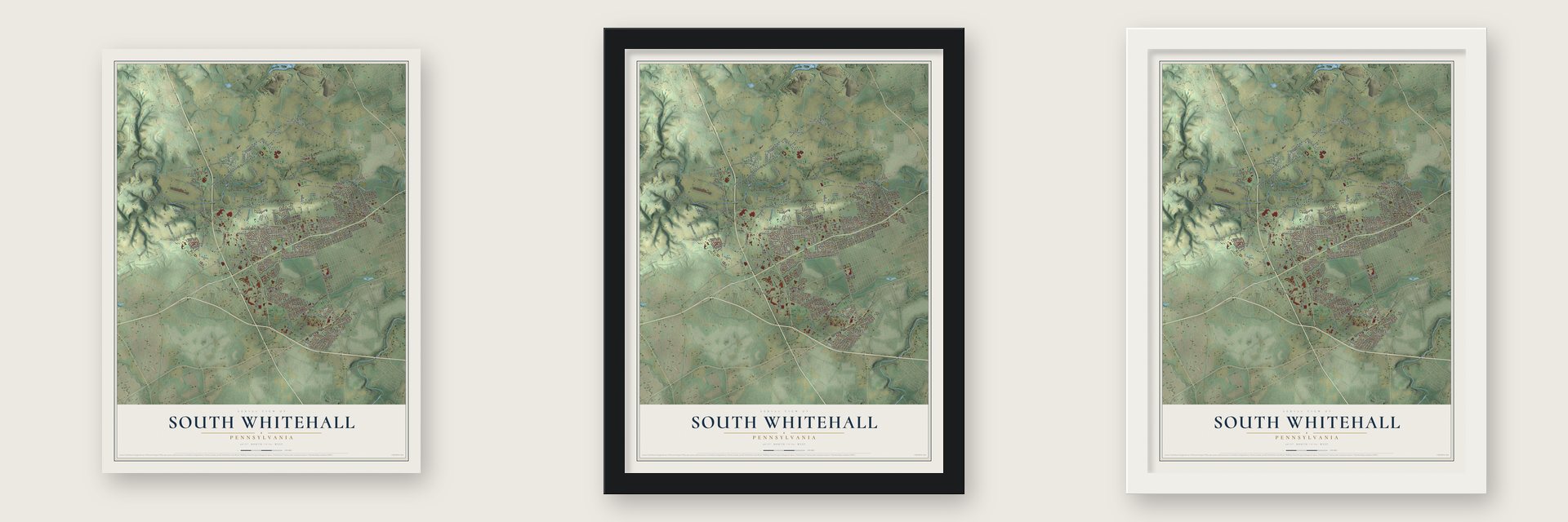 South Whitehall, Pennsylvania map unframed, in a black wood frame and in a white wood frame