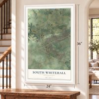 South Whitehall, Pennsylvania map, 24 x 36 inch print in a white frame by a staircase