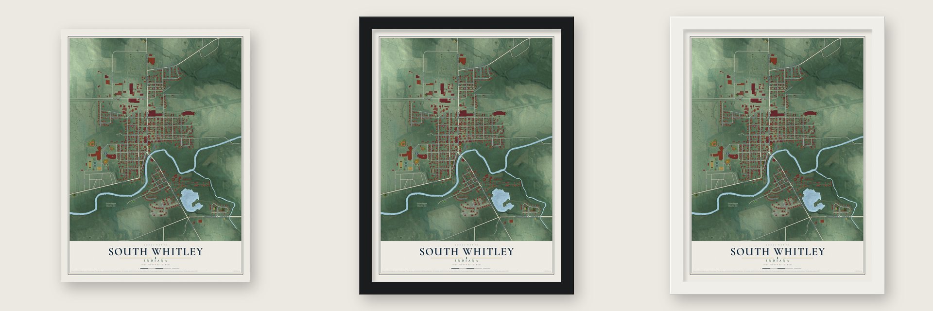 South Whitley, Indiana map unframed, in a black wood frame and in a white wood frame