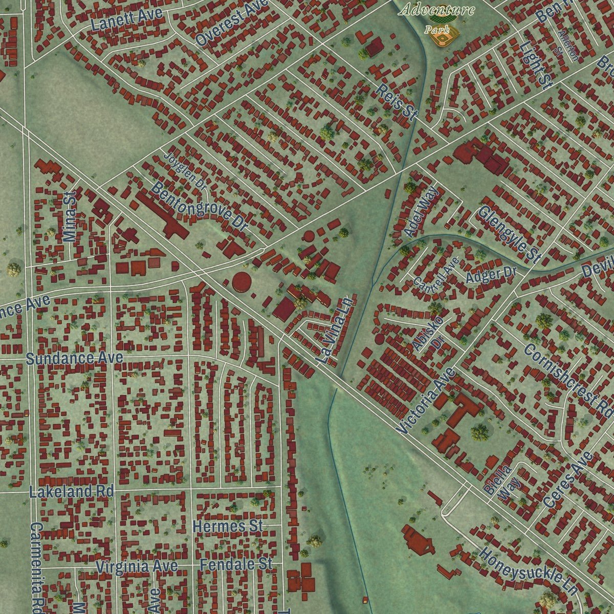 Second close-up of the map of South Whittier, California print showing more streets and buildings
