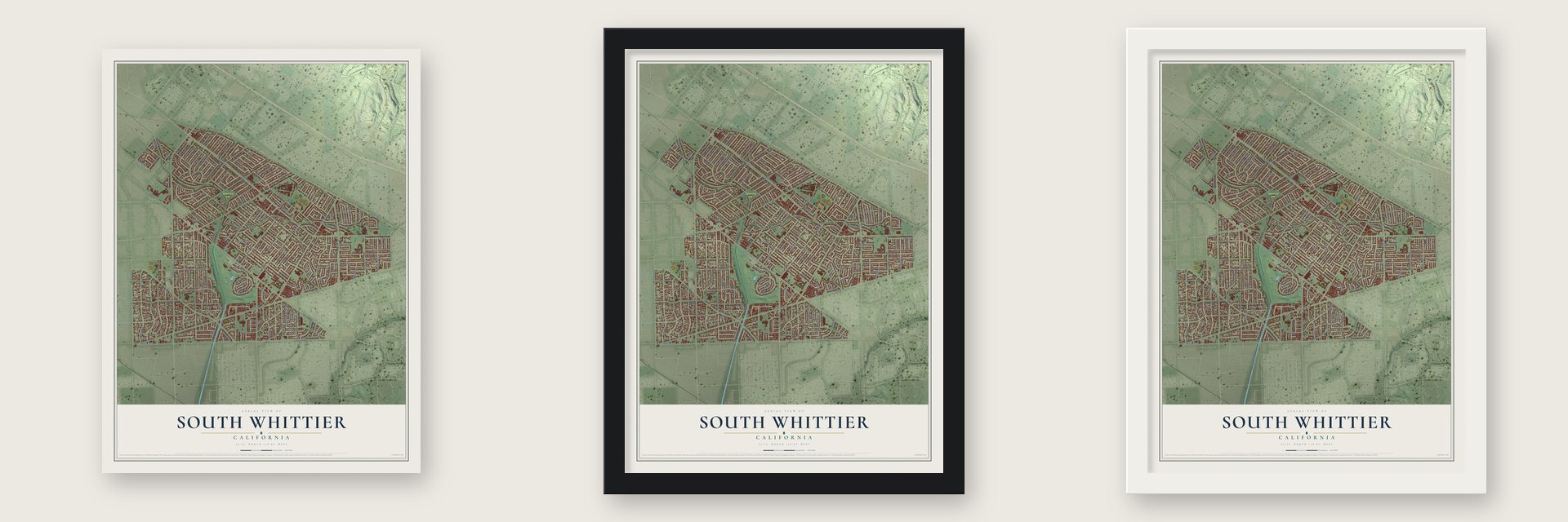 South Whittier, California map unframed, in a black wood frame and in a white wood frame