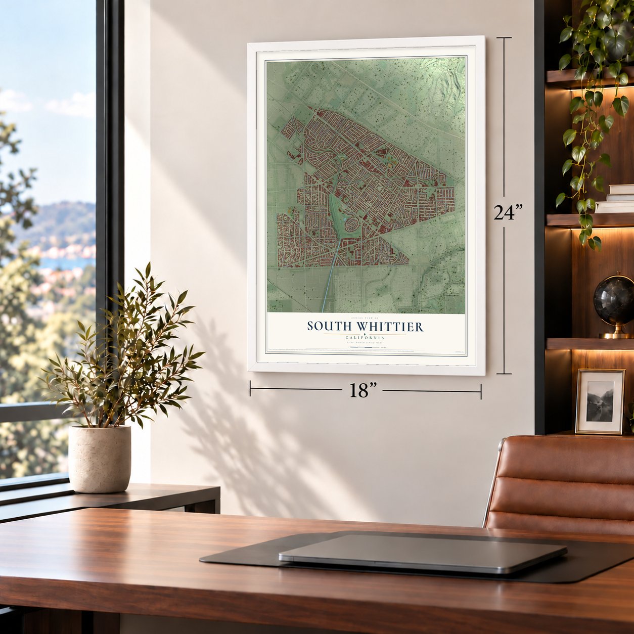 South Whittier, California map, 18 x 24 inch print in a white frame in a home office