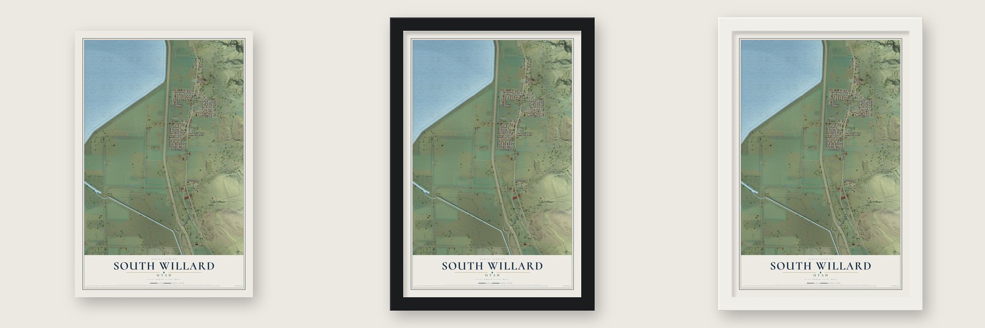 South Willard, Utah map unframed, in a black wood frame and in a white wood frame