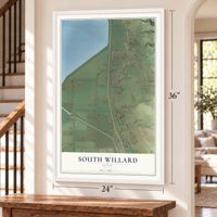 South Willard, Utah map, 24 x 36 inch print in a white frame by a staircase