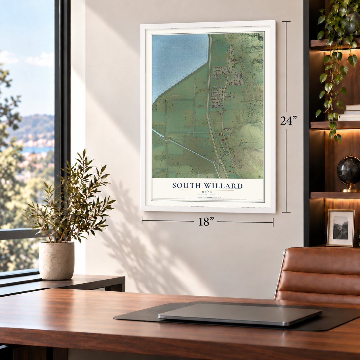 South Willard, Utah map, 18 x 24 inch print in a white frame in a home office