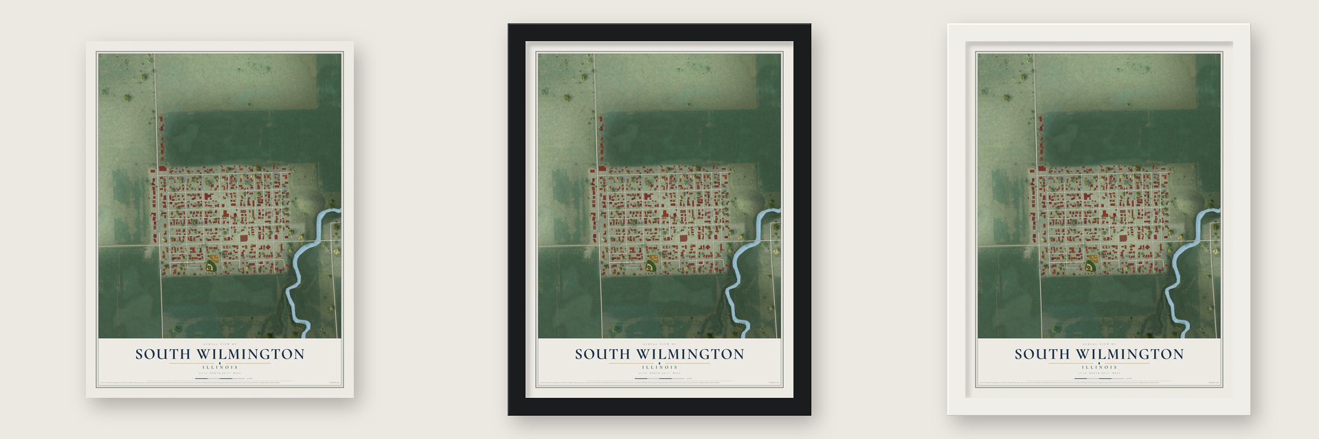 South Wilmington, Illinois map unframed, in a black wood frame and in a white wood frame