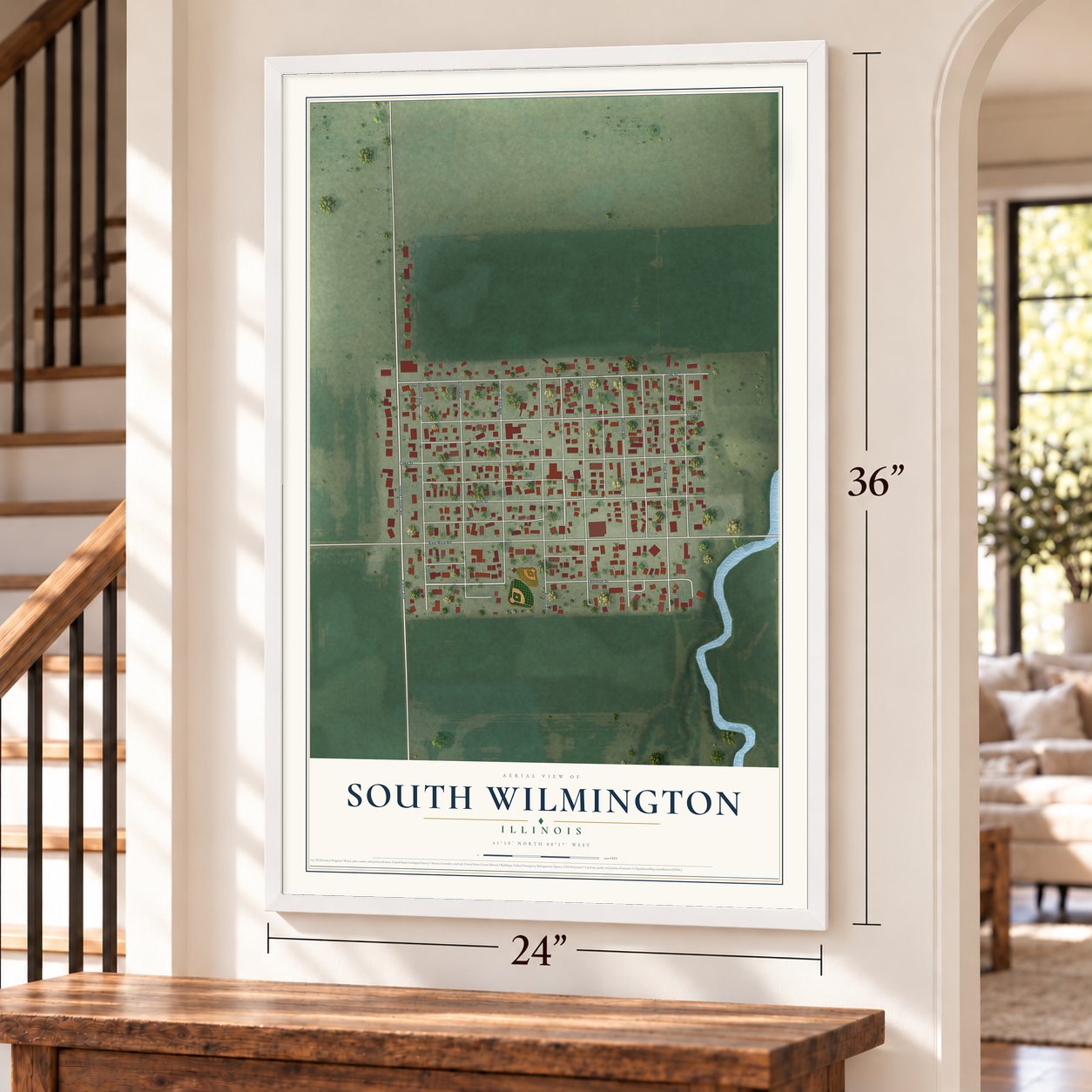 South Wilmington, Illinois map, 24 x 36 inch print in a white frame by a staircase