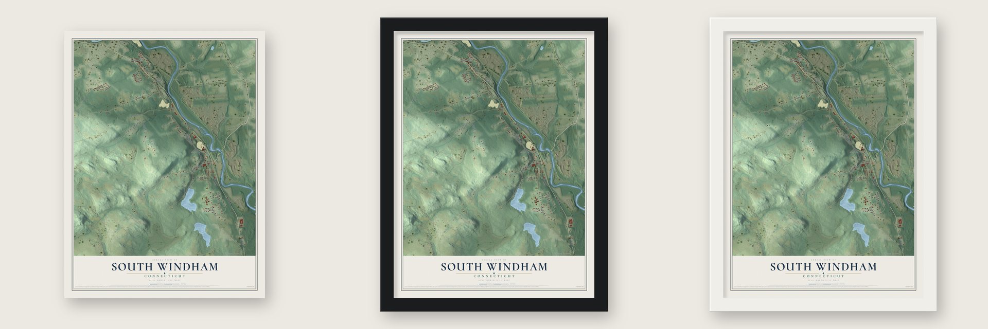 South Windham, Connecticut map unframed, in a black wood frame and in a white wood frame