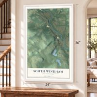 South Windham, Connecticut map, 24 x 36 inch print in a white frame by a staircase