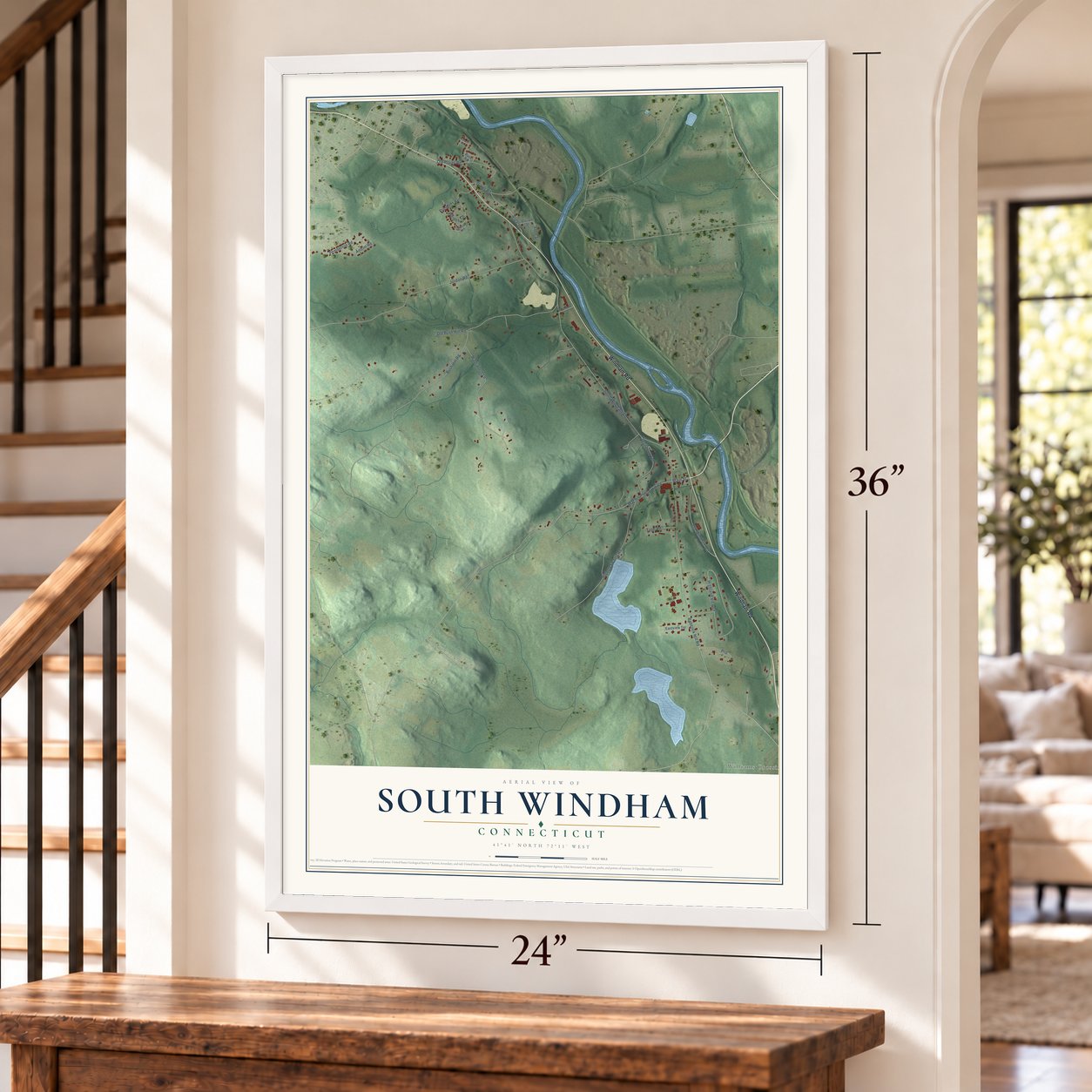 South Windham, Connecticut map, 24 x 36 inch print in a white frame by a staircase